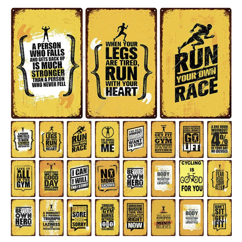 

Run Your Own Race Inspirational Text Gym Sports Fitness Poster Vintage Metal Tin Sign Man Cave Home Funny Sign Wall Decoration