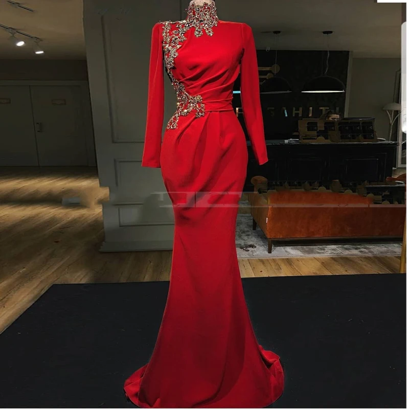 

Saudi Arabic High Neck Long Sleeves Muslim Evening Dress Red Satin Mermaid Gold Applique Kaftan Moroccan Dubai Formal Prom Dress