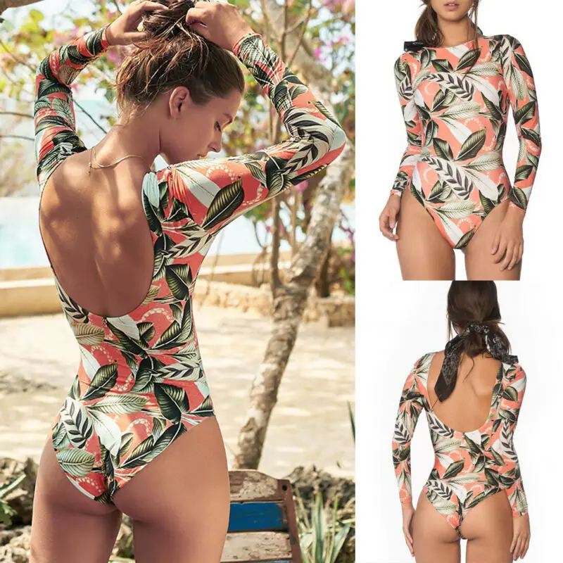 

Summer Womens Swimming Bodysuit Floral Long Sleeve Bodysuit Leotard Shirt Tops Crew Neck Backless Jumpsuit Slim Short Romper Hot