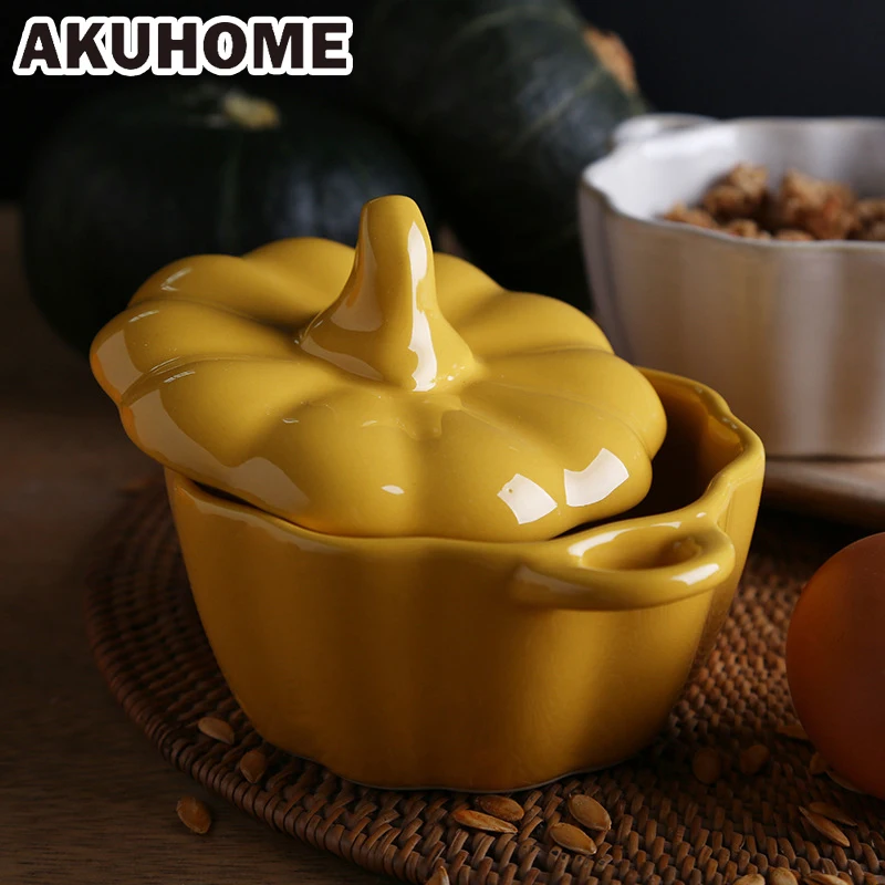 

Pumpkin cup small bowl ceramic with lid household steamed egg custard cute bird's nest dessert stew pot binaural roast and bake