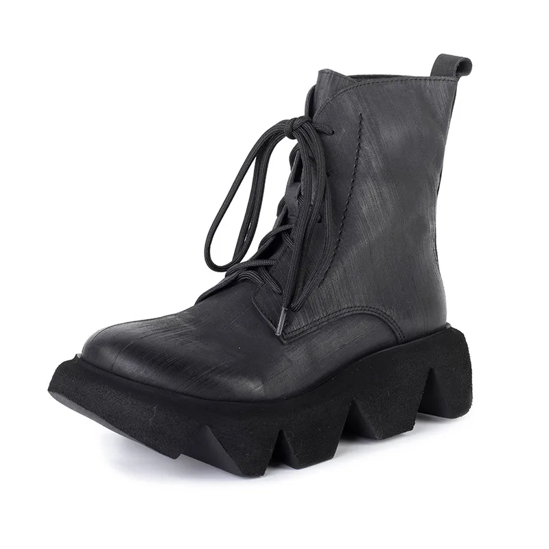 

YourSeason Ladies Genuine Leather Wedges Shoes Lace Up Round Toe Handmade Casual Ankle Women Platform 2021 Boots Winter