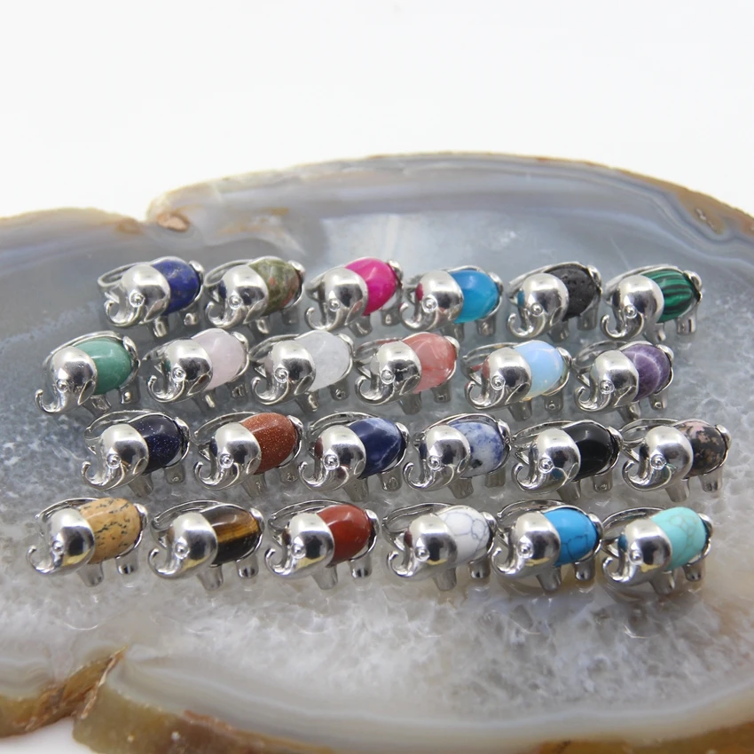 

Natural Agates Quartz Lovely Elephant Women Finger Ring Stone Cabochon Bead Adjustable Rings Cute Animal Charm Party Jewelry