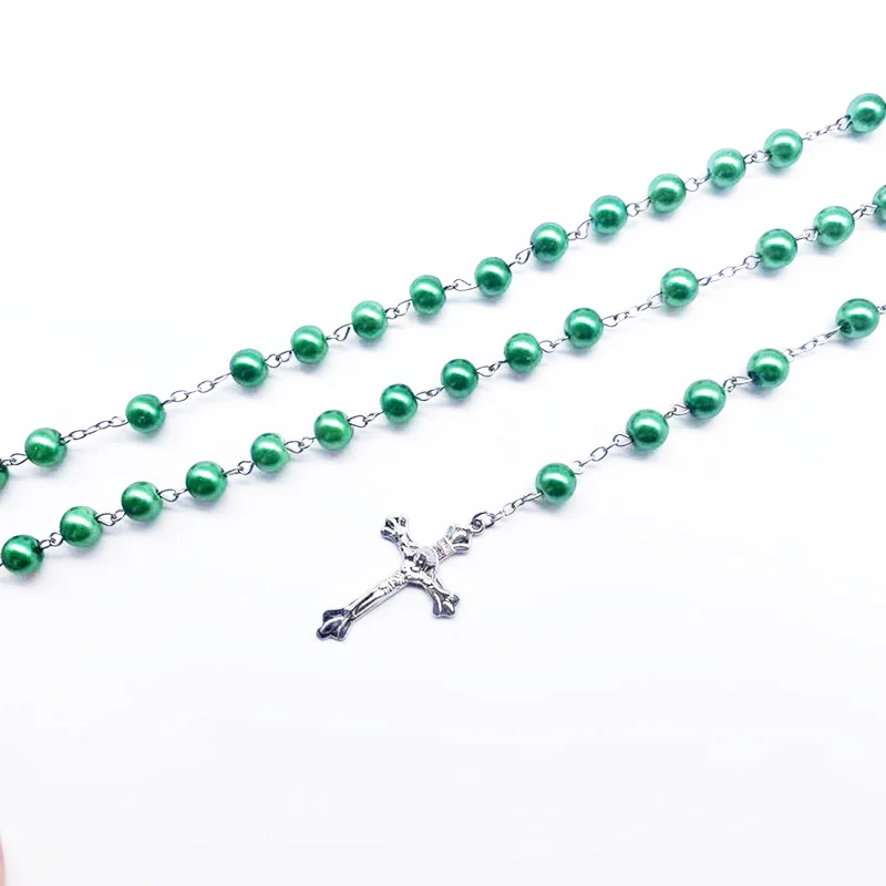 Модное темно зеленое жемчужное ожерелье с крестом 7 мм религиозное Молитвенное Девы Марии|Ожерелья