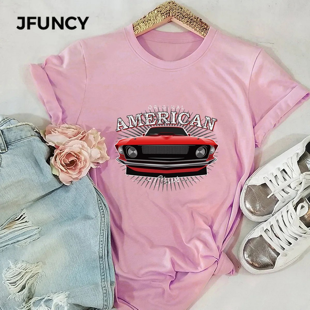 JFUNCY Vintage Car Print Cotton T Shirt Women Short Sleeve Summer Tops Woman Tee Shirts Female  Casual T-shirt