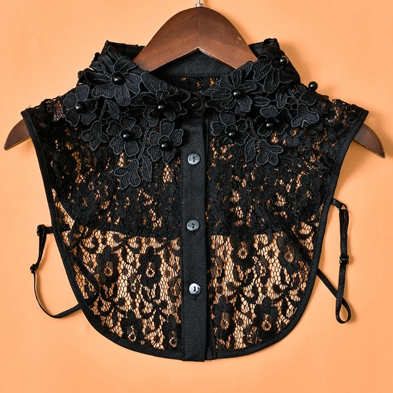 

KLV New Women Decorative False Fake Collar Imitation Pearl Beading Hollow Out Floral Lapel Half Shirt Detachable Dickey Necklace