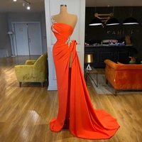 charming beaded evening dress one shoulder sequined pleat high slit sweep train mermaid prom gown pageant dresses