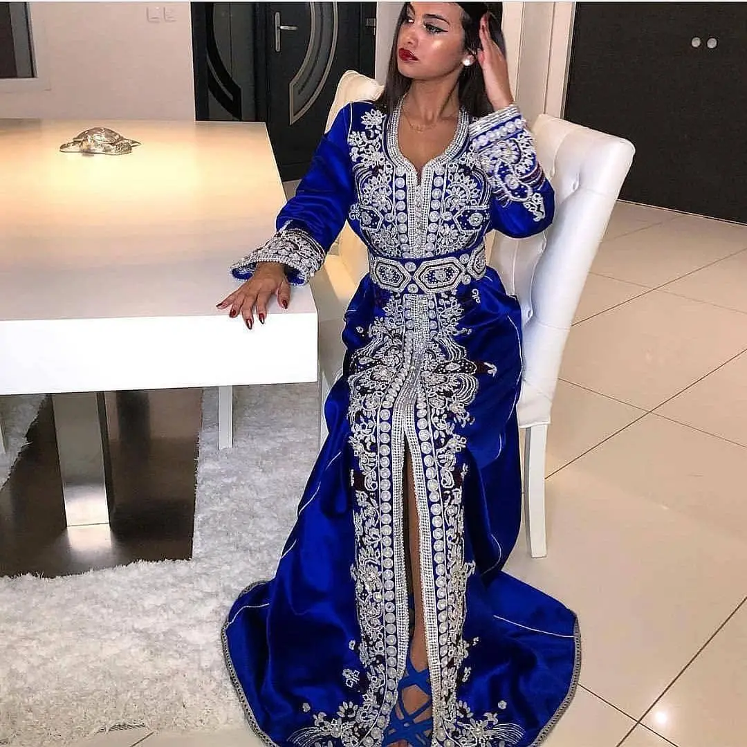 

Vintage Royal Blue Muslim Evening Dress With Lace Elegant Women Long Sleeve Arabic Prom Dress Dubai Abaya Morrocan Kaftan Party