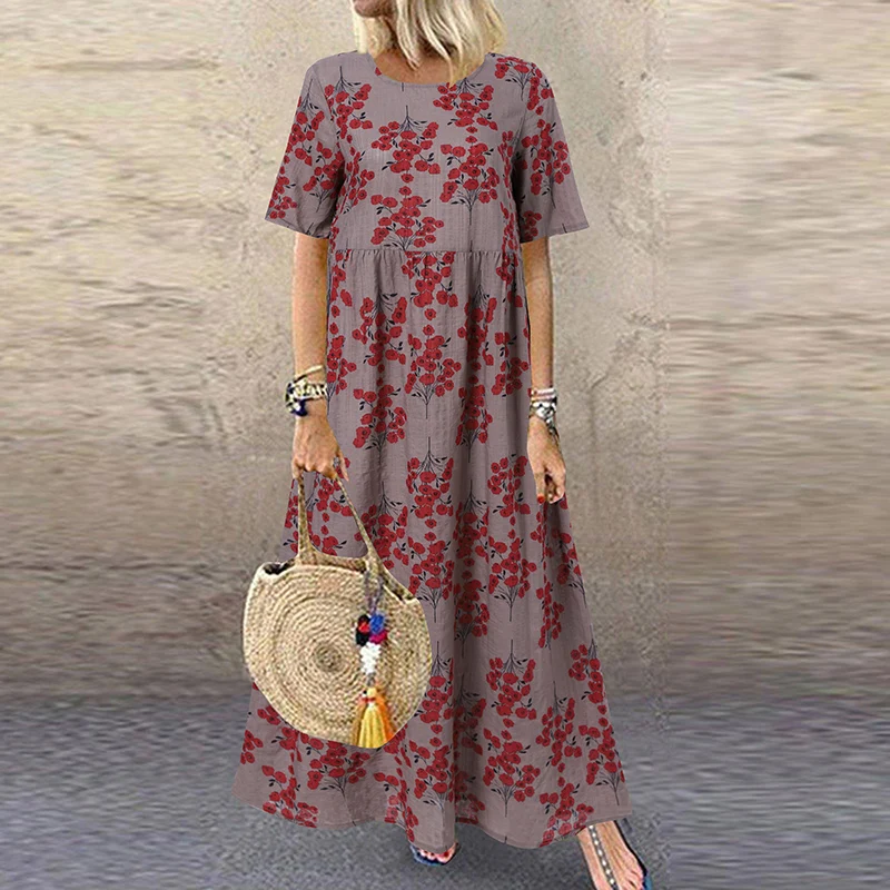 

Summer Women Sundress Bohemian Floral Print Beach Maxi Dress Vintage V Neck Short Sleeve Oversized Dresses Kaftan Vestido