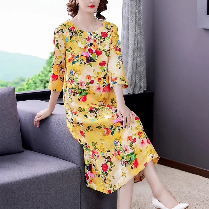 

2021 Casual Yellow Print M-4XL Plus Size Beach Dress Summer Vintage Elegant Floral Ramie Midi Dress Women Party Vestidos