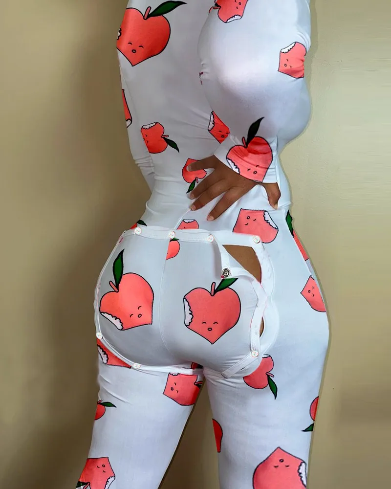 

2021 New V-neck Buttons Up Sexy Romper Women Long Sleeve Jumpsuits Autumn Fruits Print Sleepwear Back Flap Sleepwear