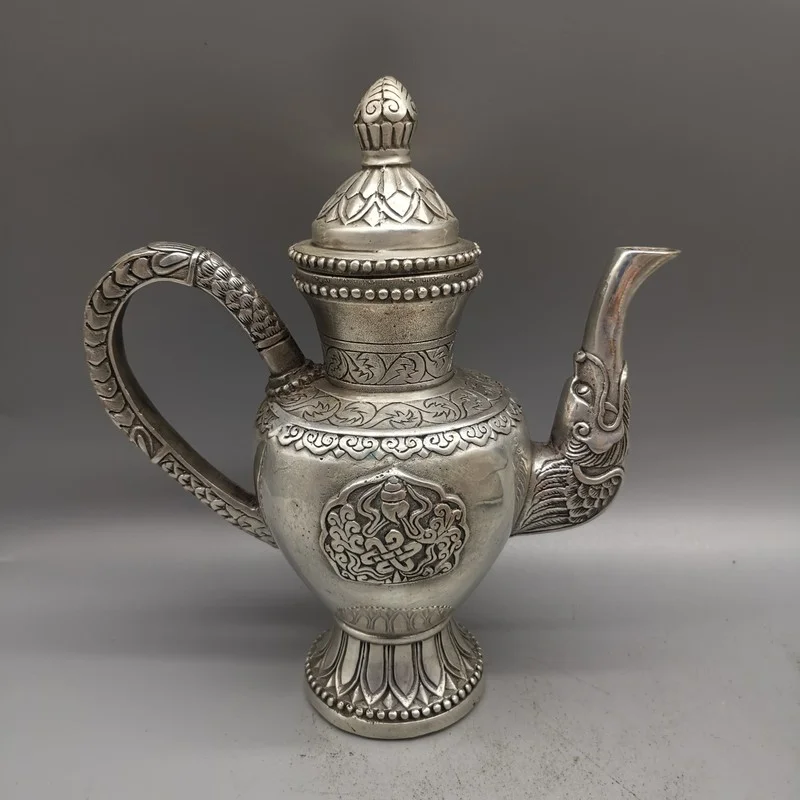 

Китайская Изысканная Серебряная буддистская статуя благоприятного дракона чайники чайник для вина украшение для гостиной домашний подаро...