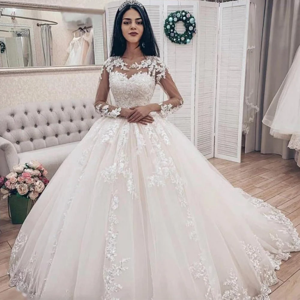 Ball Gown Wedding Dress 2021 White Long Sleeve Appliques Lace Simple Vestidos De Noiva Plus Size Boho Bridal Gowns for Women | Свадьбы и