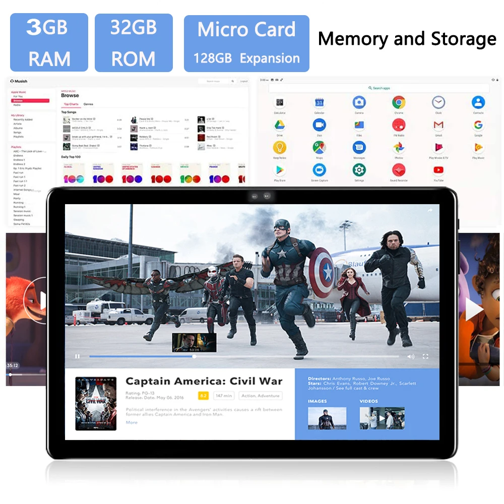 10 дюймовый планшет с разрешением HD 1920*1200 IPS, двумя SIM-картами, 4G FDD-LTE, процессором MT6753 Octa-Core, мощной чипсетом, 3 ГБ оперативной памяти и 32 ГБ встроенной памяти.