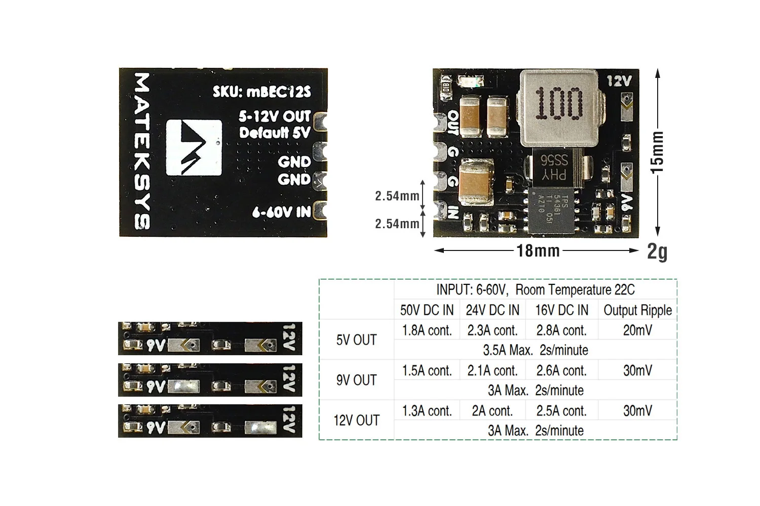 

Newest Matek MICRO BEC 6-60V TO 5V/9V/12V-ADJ For Drone VTX