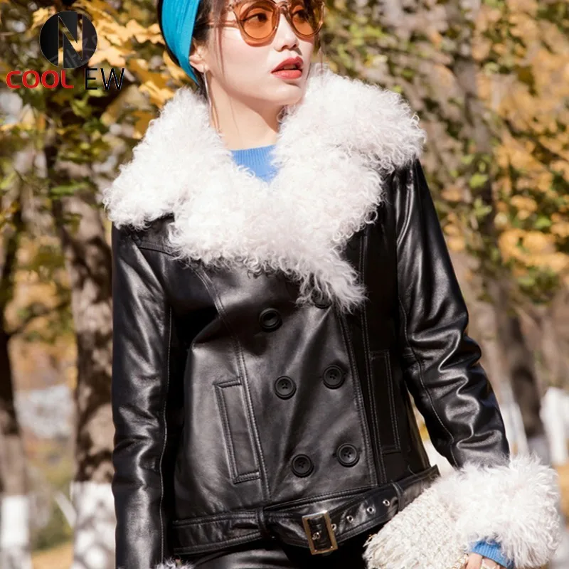 

Fashion Winter Warm Thick Genuine Leather Short Coats Moto Biker Doubule Breasted Lamb Fur Collar Slim Female Plus Size Jacets