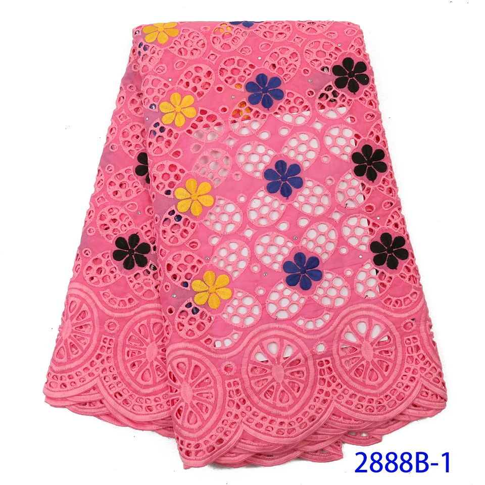 

High Quality Pink Nigerian Cotton Fabrics Milk Silk Lace with Stones African Holes Lace Hollow Out Cotton Lace Fabric APW2888B