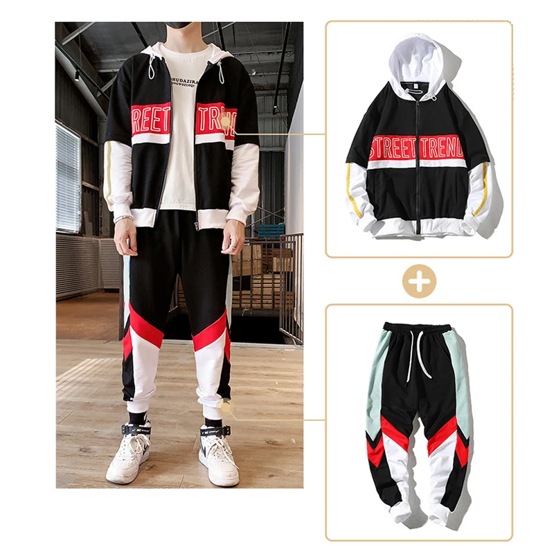 

Костюм спортивный мужской в стиле хип-хоп, комплект спортивного костюма с карманами на молнии, верхняя одежда из 2 предметов, пиджак и брюки, ...