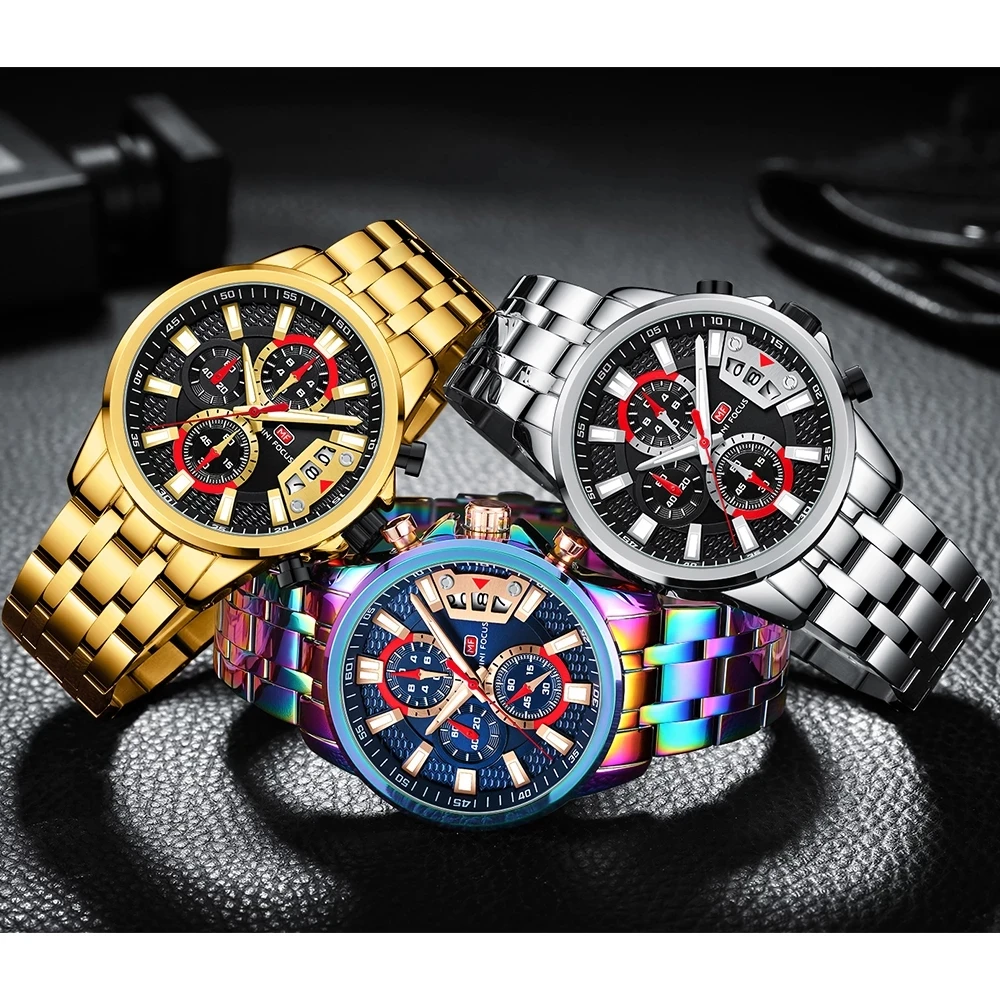 

MINI FOCUS Watches Men Luxury Chronograph Quartz Watch for Man Fashion Colorful Stainless Steel Wristwatch Luminous Relogio 0352