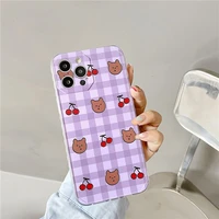 cute cartoon purple grid cherry bear rabbit girl soft case for iphone 11 12 pro max 7 8 plus xr x xs se 2020 phone cover fundas