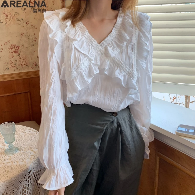 Элегантные складки блузка для женщин с длинным рукавом и v образным вырезом