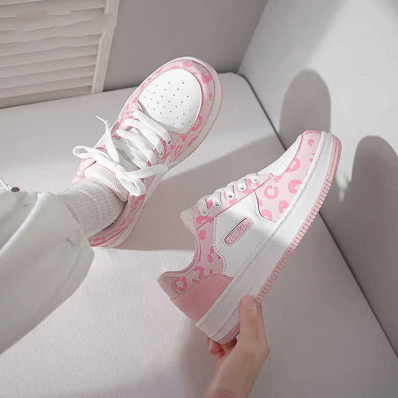

Sneakers Women Pink Leopard Tennis Sports Shoes Platform Kawaii Running Autumn Flat Designer Vulcanize White Rubber Casual