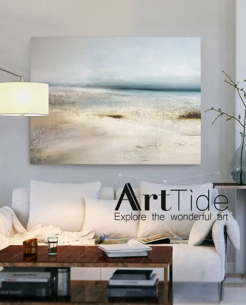 

Original Golden Beach Painting,Large Sky And Sea Painting,Light Blue Seaside Oil Painting, Coastal Painting Beach Free Shipping
