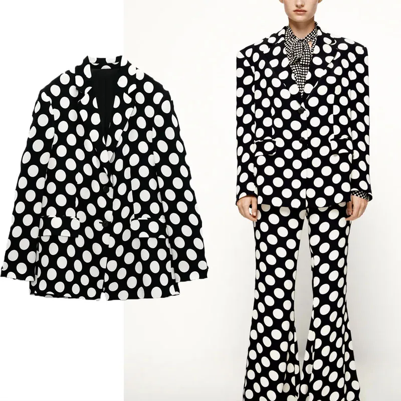 

Za 2021 Black Polka Dot Oversize Blazer Woman Long Sleeve Loose Office Lady Blazers Coat Female Chic Button Up Vintage Outerwear