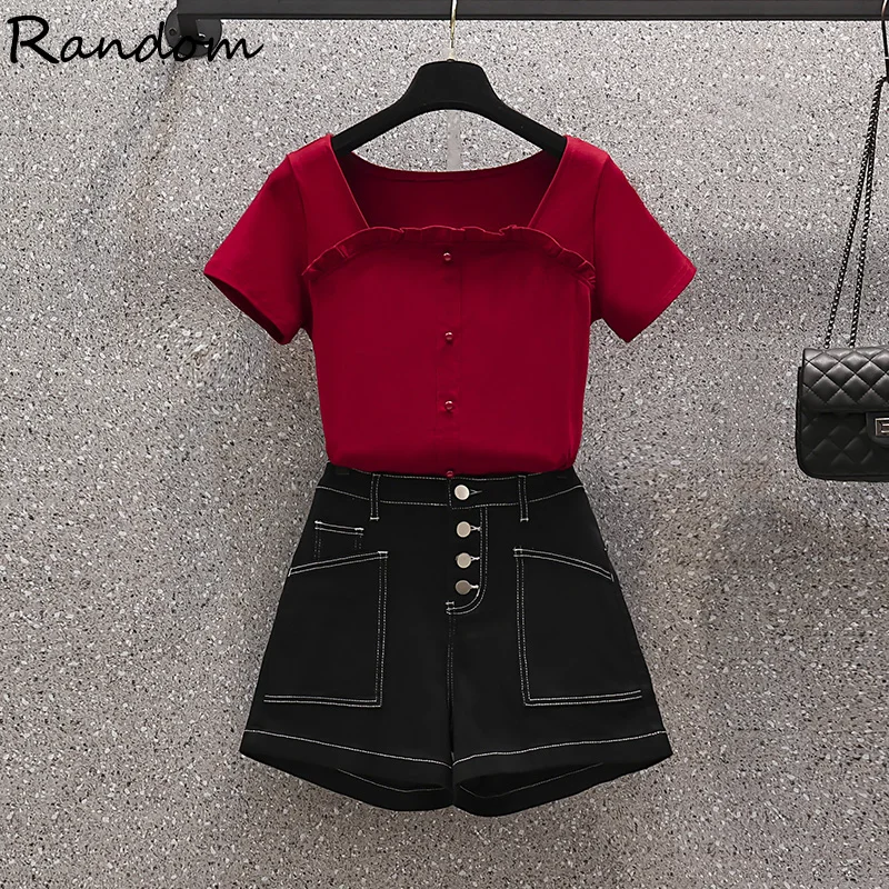 

Размера плюс для женщин в Корейском стиле из двух предметов для малышей; Сезон лето комплекты Красный квадратный воротник Топ и джинсовые ш...