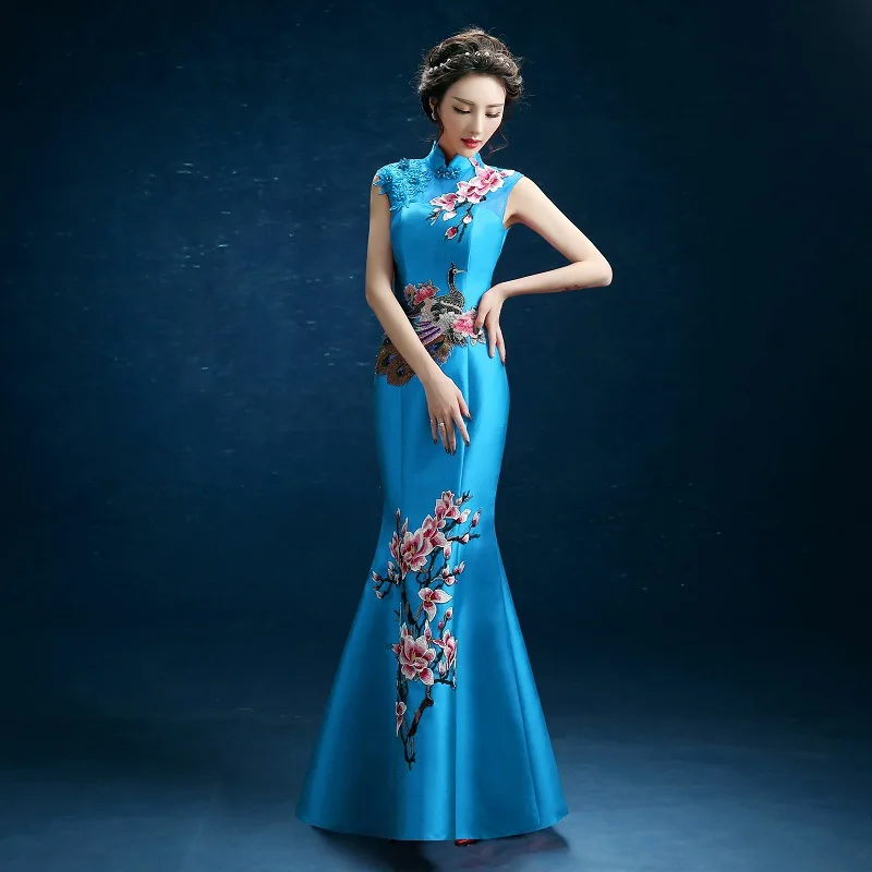 sky blue Сексуальное длинное платье-Чонсам в стиле русалки, Восточное вечернее платье в китайском стиле, модное платье с цветочной вышивкой, Qipao Vestidos - Цвет: sky blue