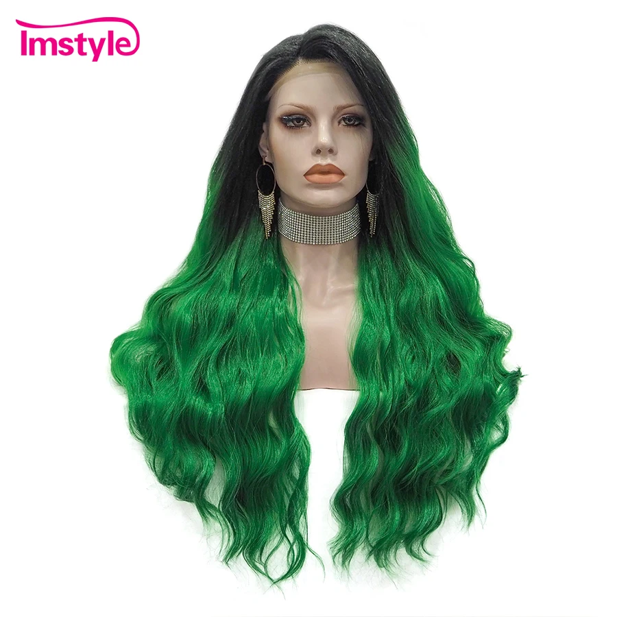 Imstyle зеленый парик длинный синтетический кружевной передний черный корень Омбре
