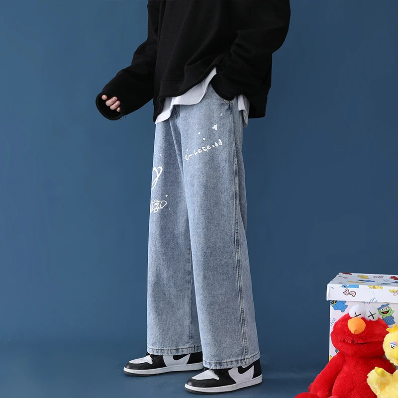 Graffiti jeans man straight skateboard loose chic salt series versatile wide leg daddy high street fashion hip hop streetwear