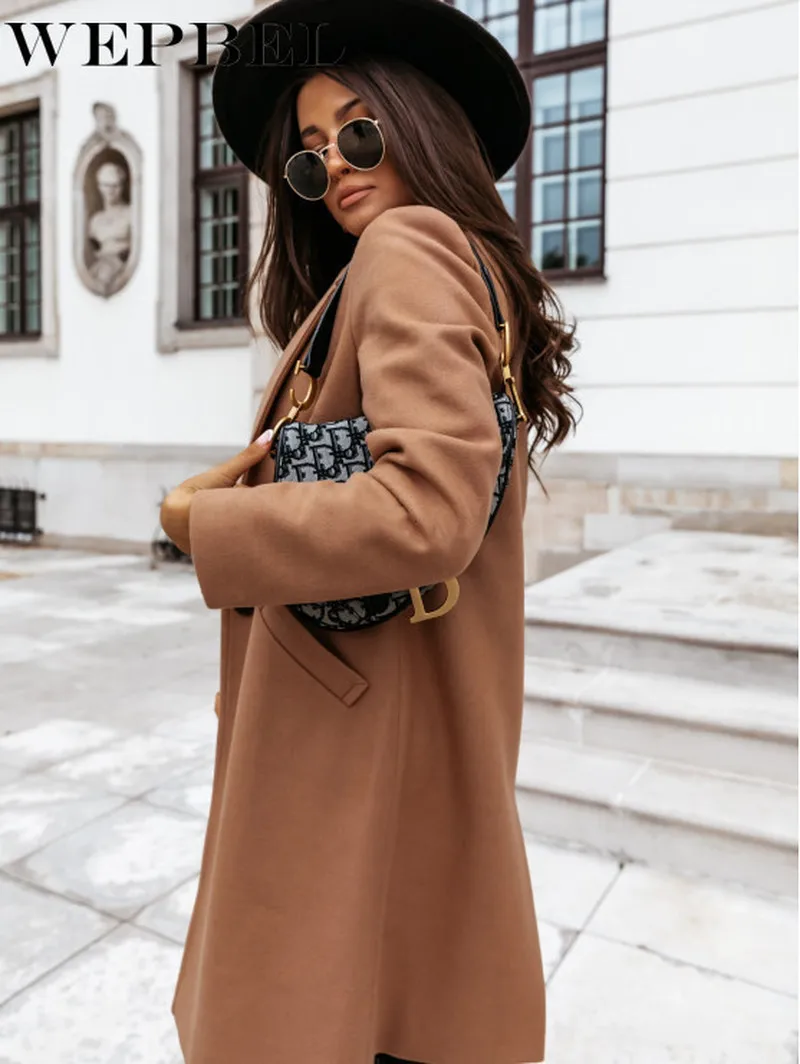 

Women Autumn Winter Long Wool Coat Streetwear Lady Trench Fashion Female Loose One Button Jacket Windbreaker
