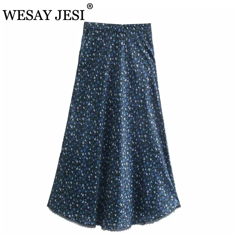 

WESAY JESI Skirts TRAF ZA Women Fashion Elegant High-Waisted Skirt A-Line Vintage Lace Elastic Waist Floral Long Skirt Women