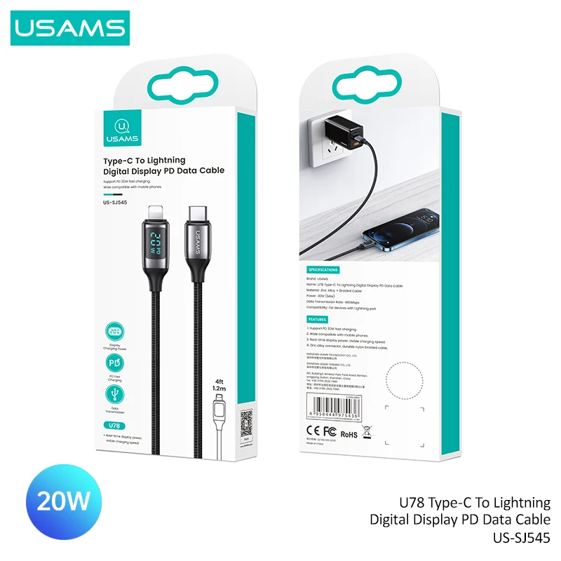 USAMS 100W 6A Светодиодный кабель дисплея Быстрая зарядка USB C A К типу Телефонный для