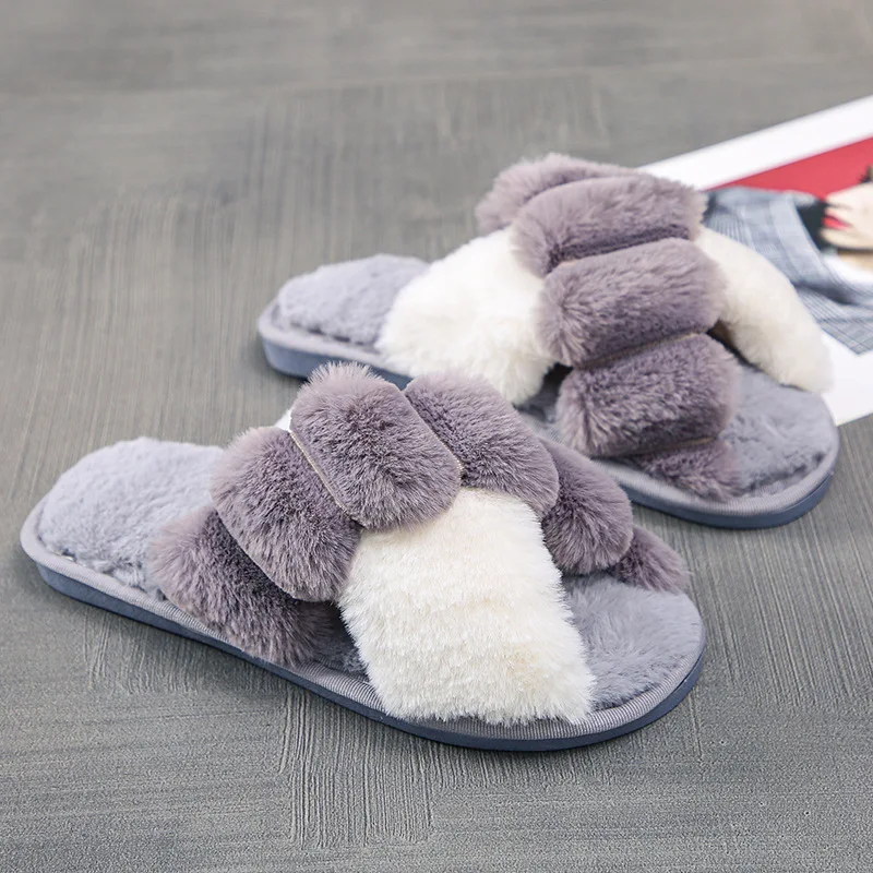 

Comfy Indoor Drag Shoes Women's House Slippers Ladies Cross Fur Slides Plus Size 42 43 Woman Winter Slippers Home Fluffy Shoes