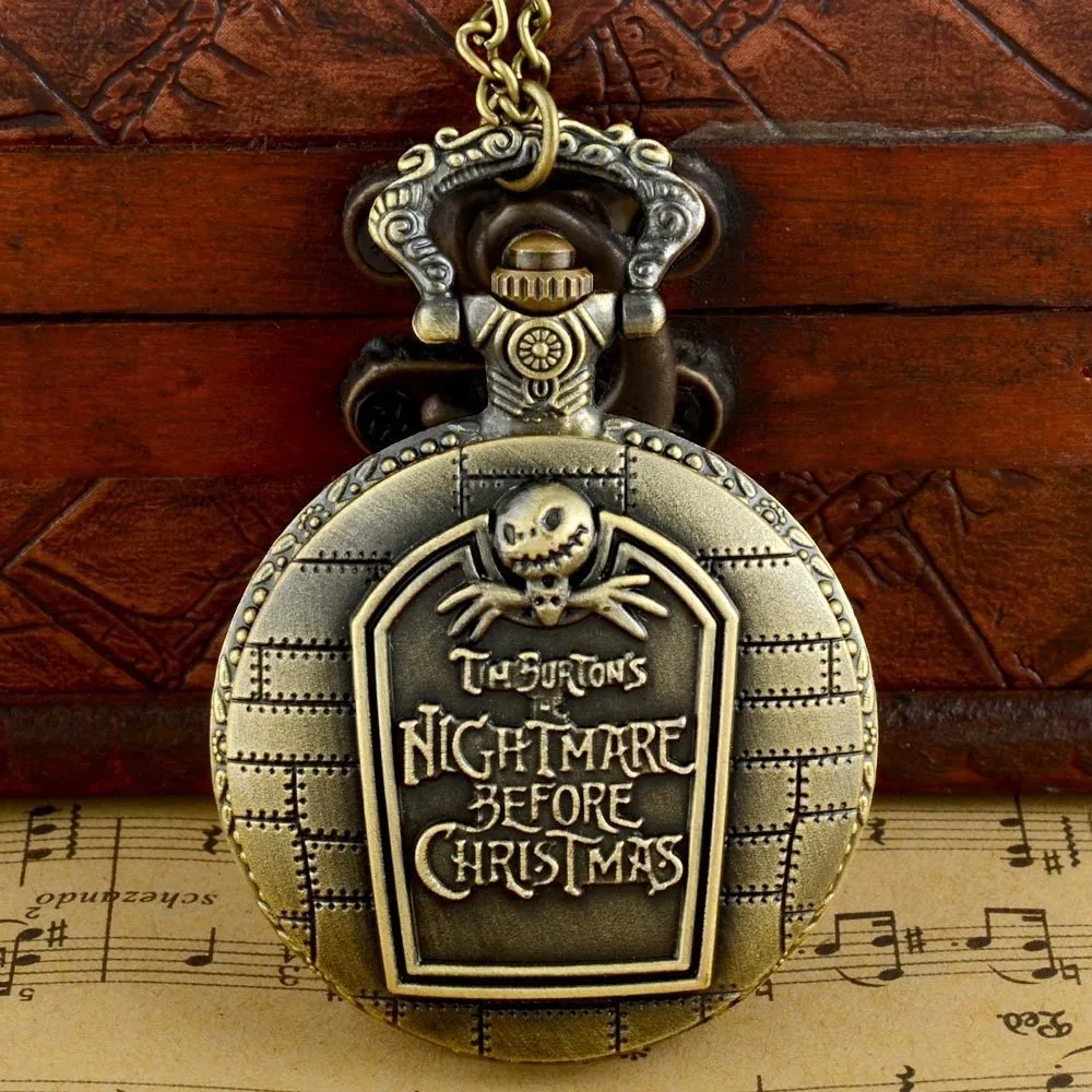 

Vintage BronzeThe Nightmare Before Christmas Pocket Watch Cool Jack Skellington Tim Burton Movie Kid Pendant Necklace Clock