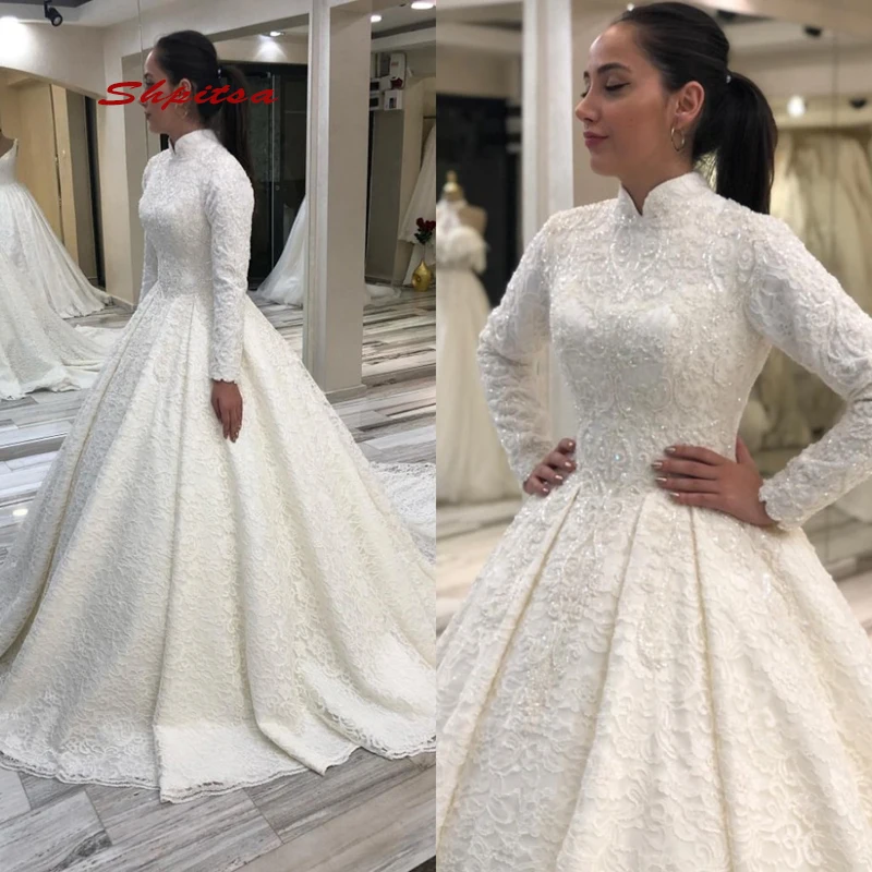 

Long Sleeve Lace Muslim Wedding Dress Plus Size Ball Gown Princess Dubai Arabic White Ivory High Neck Women Bridal Bride Gowns