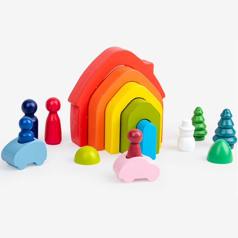 

Wooden Blocks Rainbow Stacker Toys for Kids Creative Rainbow House Building Blocks Educational Toys for Children