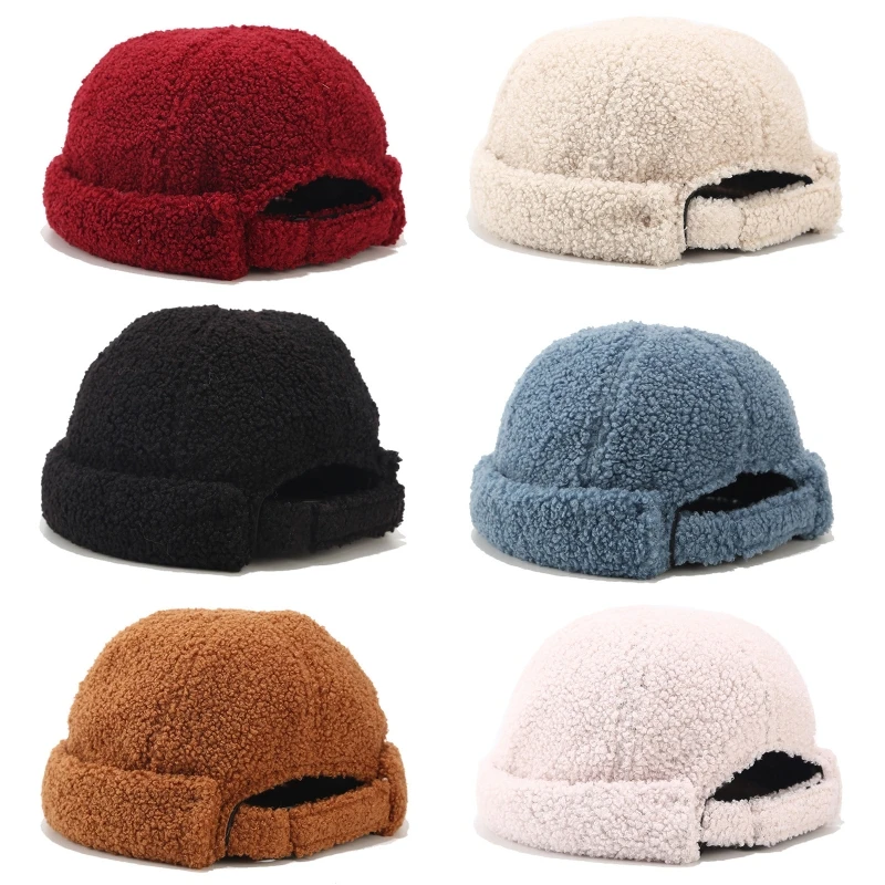 

Unisex Winter Fuzzy Plush Beanie Cap Solid Color Vintage Rolled Cuff Brimless Hip Hop Landlord Docker Sailor Skull Hat