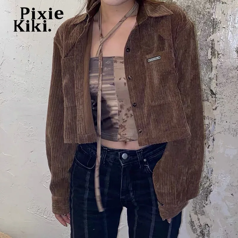 

PixieKiki Vintage Brown Corduroy Jacket Woman Y2k Clothing Indie Aesthetic Fall Clothes for Women Cropped Coats P65-EZ38
