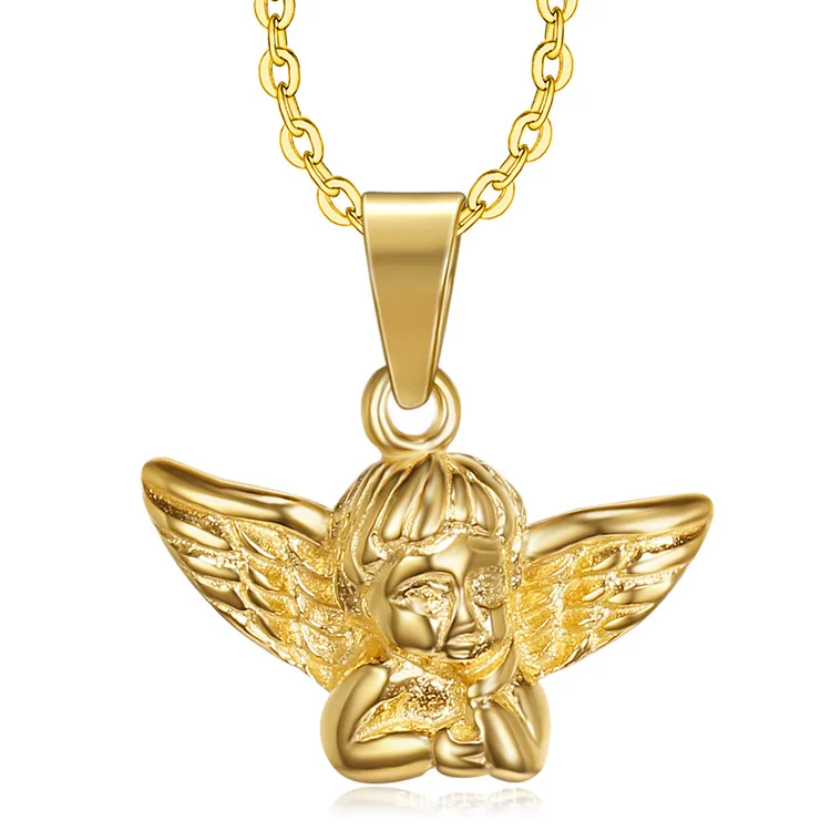

Guardian Angel Titanium Steel Necklace Baby Pendant Necklace Relief Angel Wings Charm Ice Out Wings Chain Gold Plated Jewelry