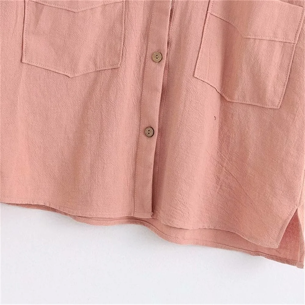 

2020 summer women's new V-neck short sleeve pocket ornament shirt hem side split linen contrast color stitching short shirt