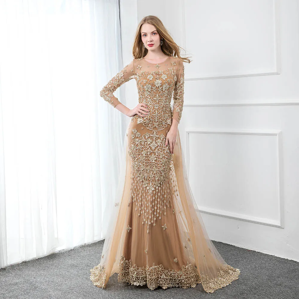 Женское вечернее платье с вышивкой длинное Тюлевое длинным рукавом и бисером |