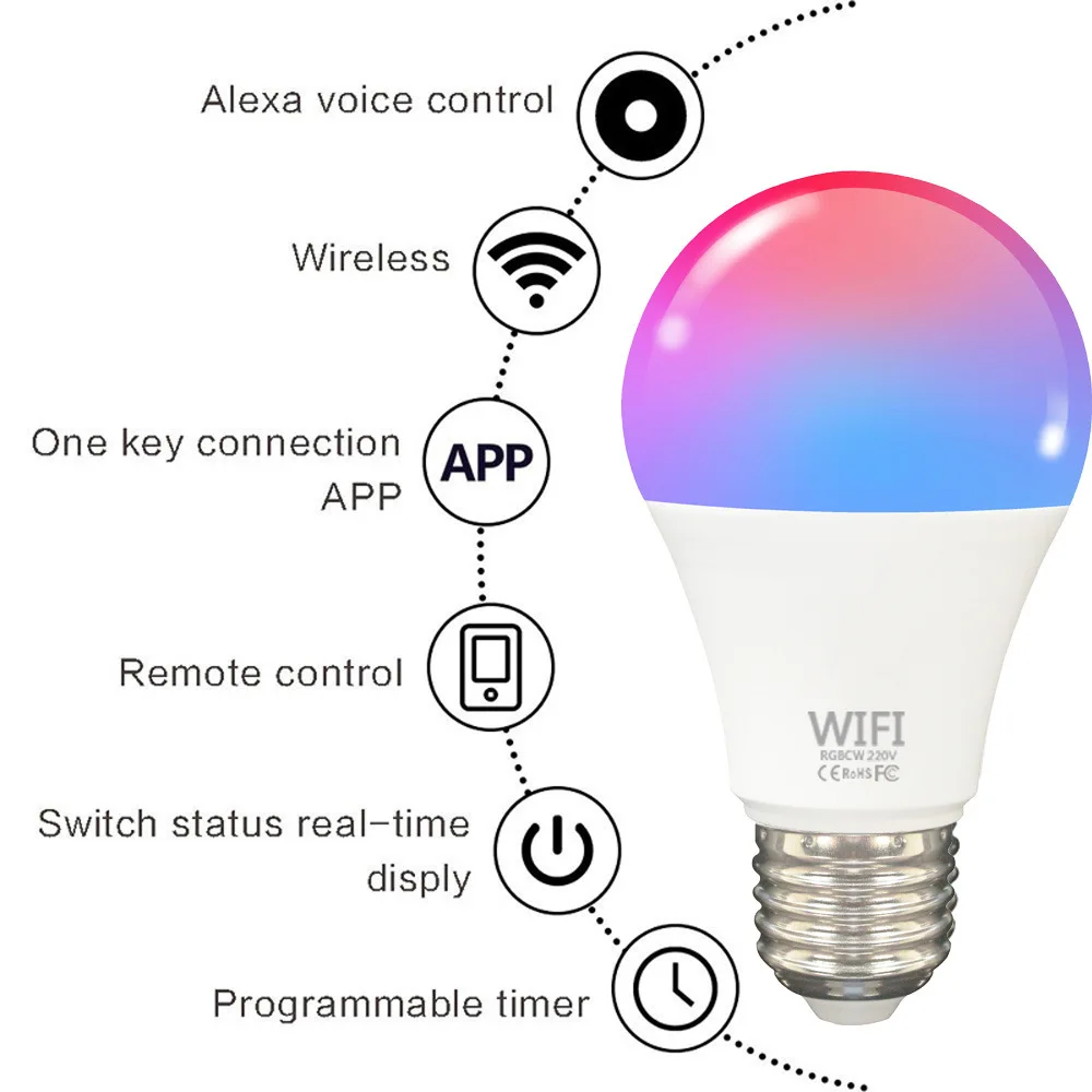 Умная лампа светодиодная с регулируемой яркостью 10 Вт/15 Вт Wi-Fi совместима Alexa Google