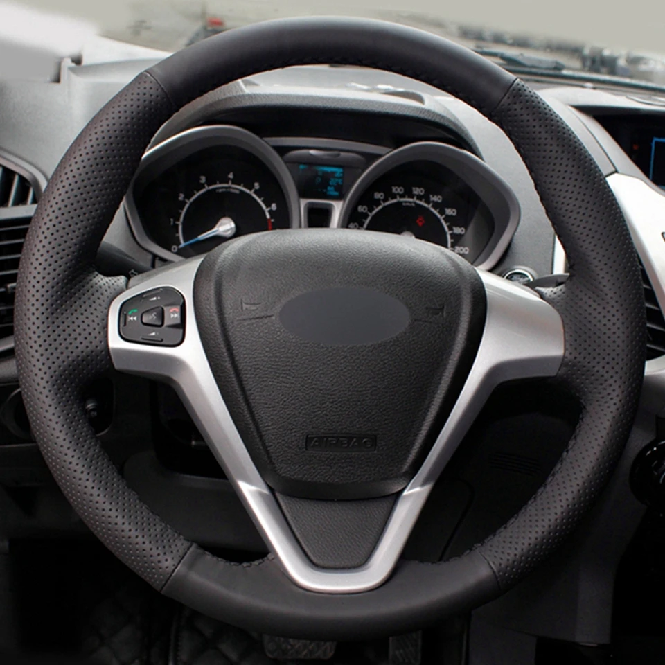 DIY Hand-stitched Black Artificial Leather Car Steering Wheel Cover for Ford EcoSport- Fiesta 2008