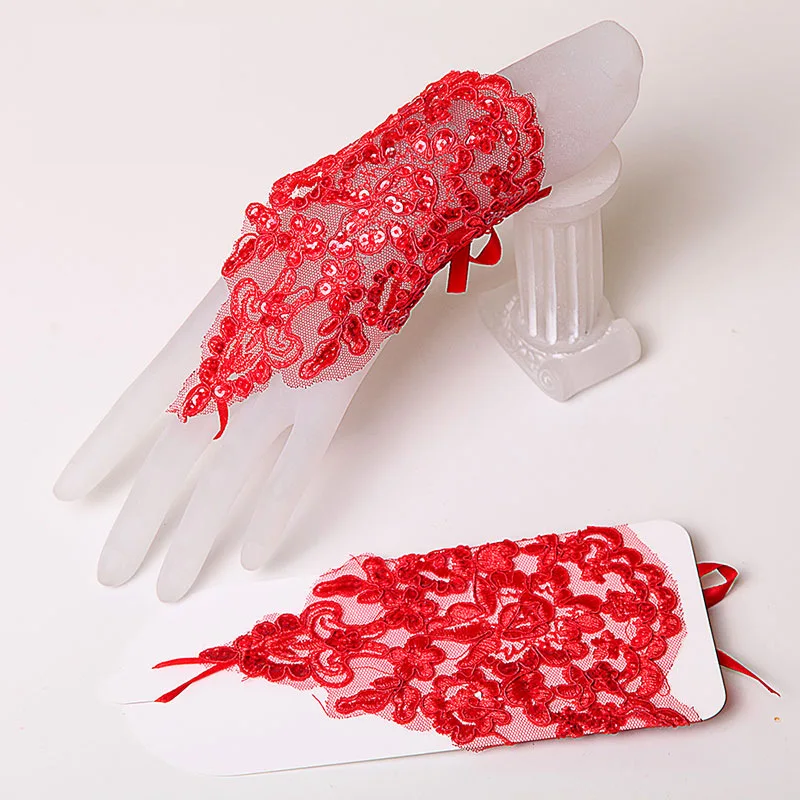 Bridal Gloves Elegant Short White Lace Rhinestone Women's Fingerless Gloves Wedding Accessories