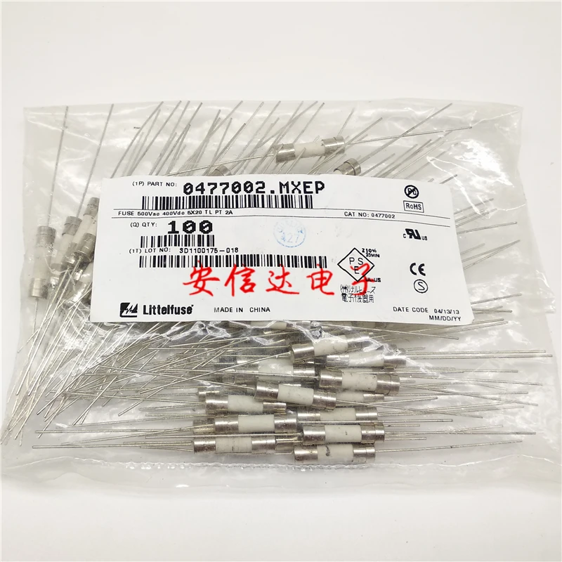 

10~100PCS 0477002.MXEP T2A 2A 500V 5*20 New original Ceramic fuse tube delay slow melting tape lead