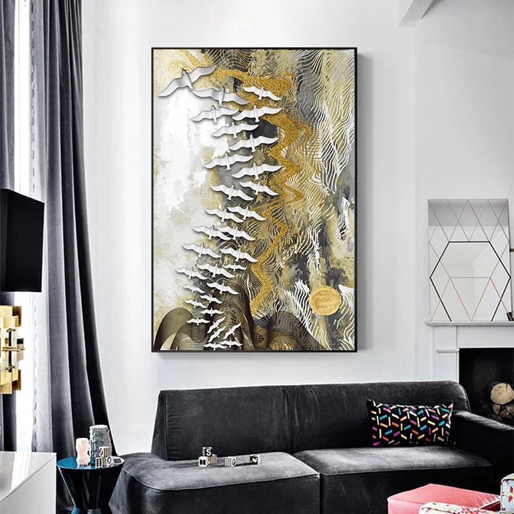 Абстрактная Картина на холсте с изображением белых птиц и перьев золотистый