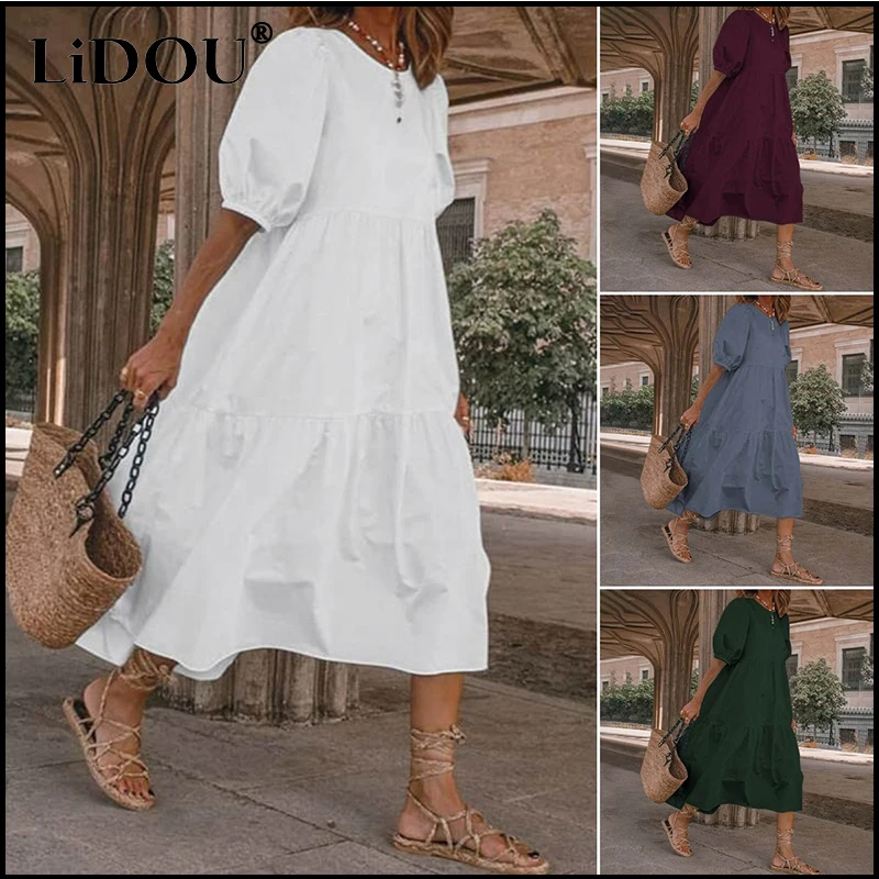 

2022 New Year Spring Summer Bohemia Vintage Plus Size Dresses Women Loose Casual Beach Sundress Solid Half Sleeve Cotton Vestido