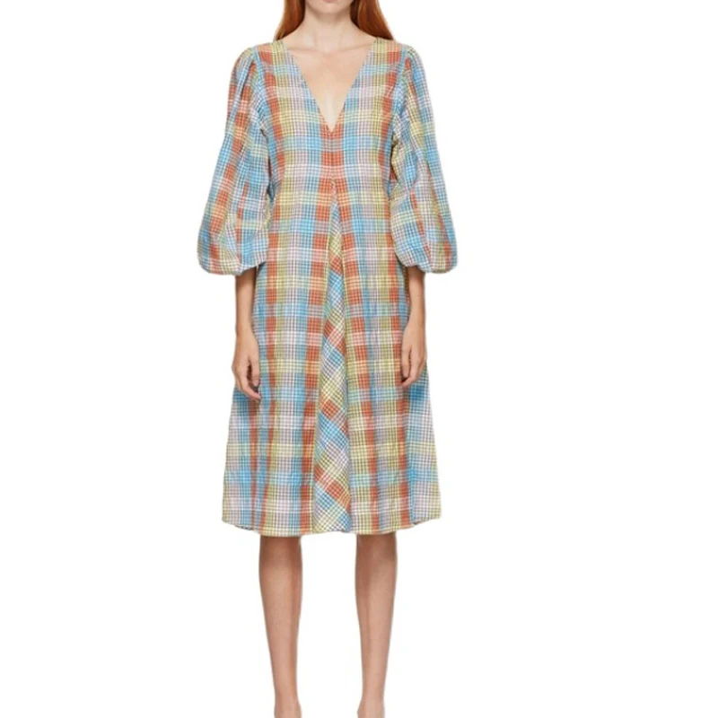 

Dress 2021 Women Autumn and Winter New Style V-neck Color Plaid Puff Sleeve Dress Women